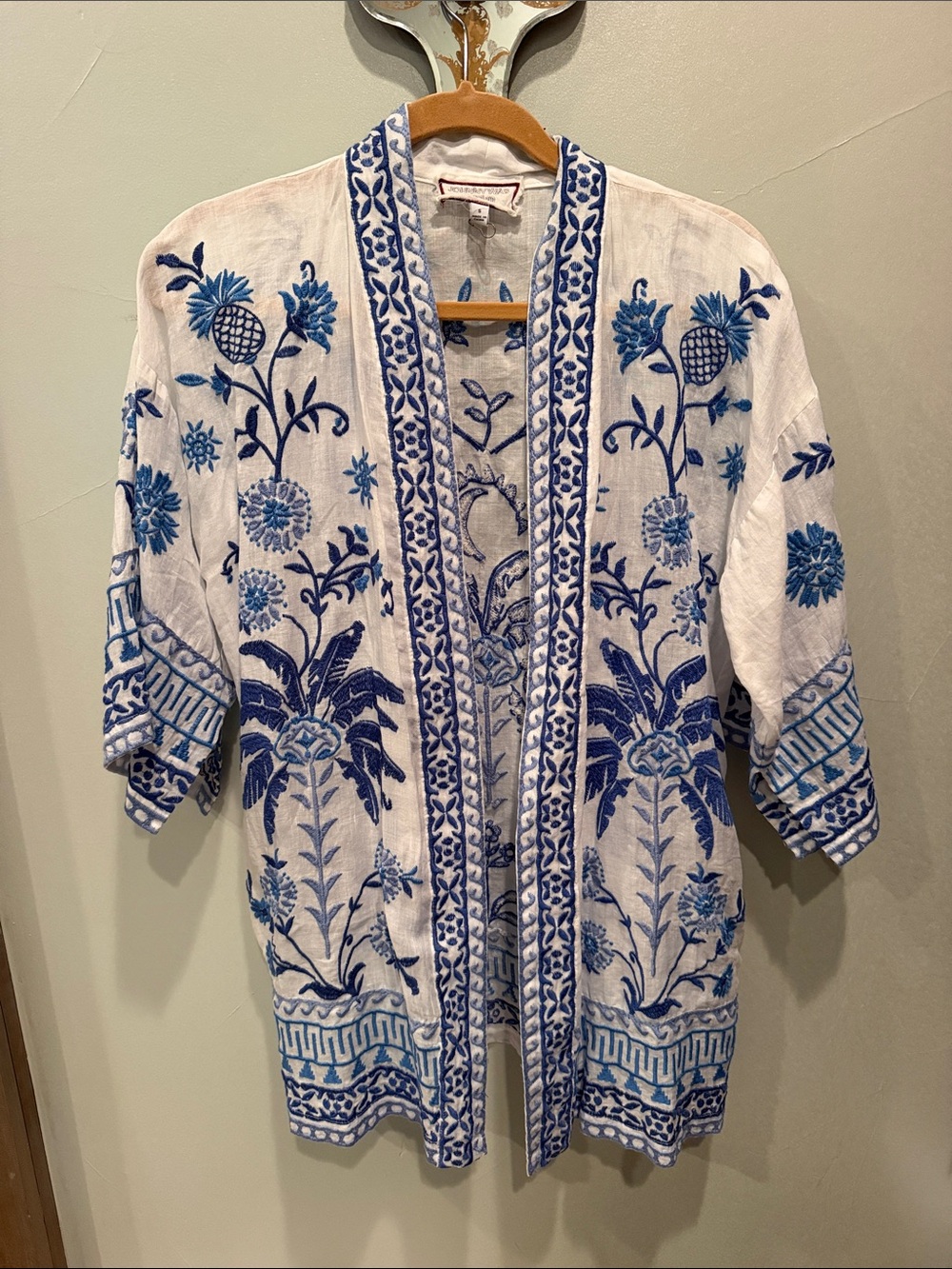 Johnny Was White Jacket with Blue Floral Embroidery